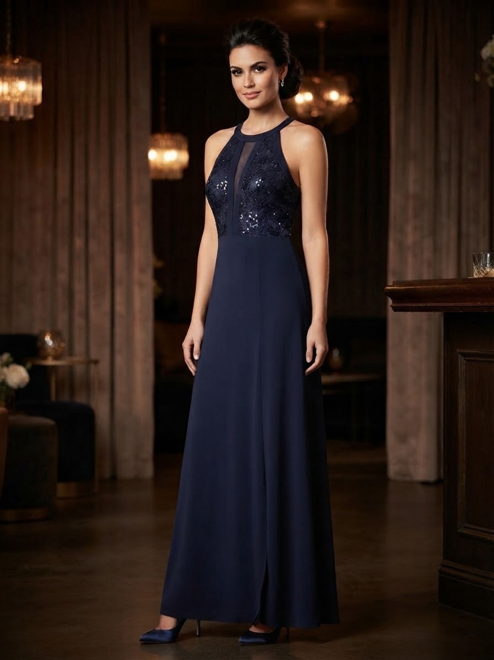 Midnight Navy Halter Sequin Bodice Prom Gown
